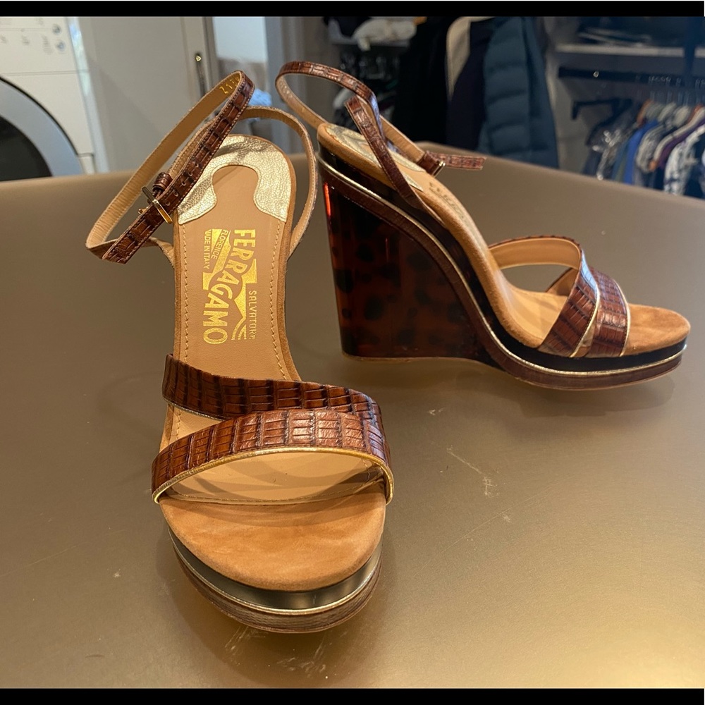 Salvatore Ferragamo Brawn Leather  Wedge Ankle Strap Sandals Size 8 C 7.5